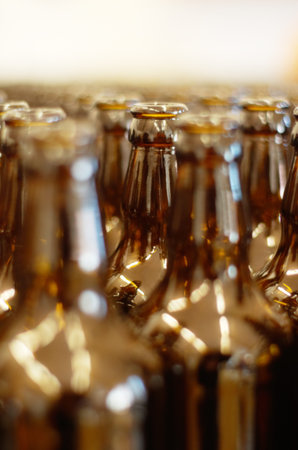 Closeup, row and beer bottles at a factory for manufacturing, produce and small business. Recycling,...