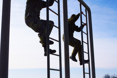 Soldier in training, military men and climbing a ladder in obstacle course for fitness and endurance. Army team in camouflage uniform outdoor, train for war and exercise with mission and actionの写真素材