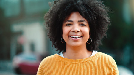 Black woman laugh, business travel and portrait of a female worker outside in the city with lens...
