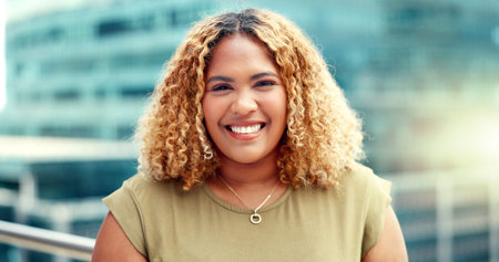 Business, black woman and city portrait while happy with outdoor with vision and pride. Face of...