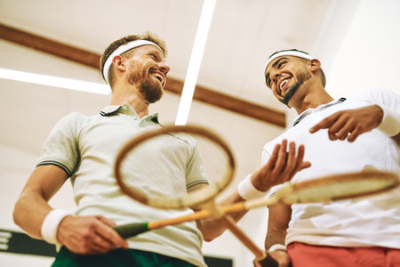 See you at the winners podium. two young men crossing their racquets at a squash court.の写真素材