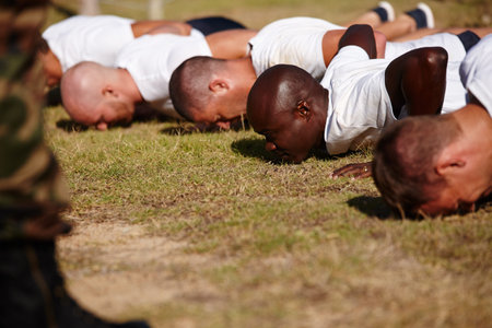 Push yourself to the limit at bootcamp. a group of men doing push-ups at a military bootcamp.
