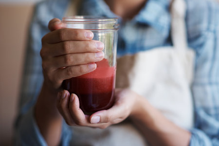 Delicious and nutritious. A cropped shot of a young woman holding a glass of freshly squeezed juice.の写真素材