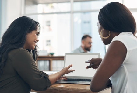 Do you have any ideas how we could tackle this. a two young businesswomen sitting together and using a laptop while their colleagues work in the background.の写真素材