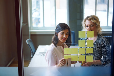 This team is brimming with new ideas. two businesswomen brainstorming with adhesive notes on a glass...