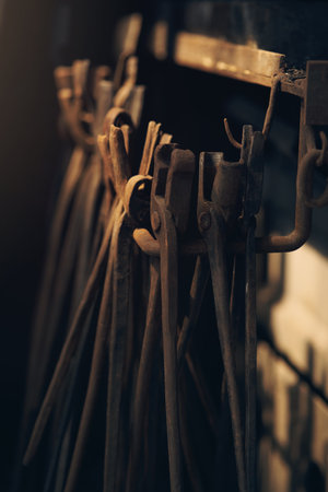 Tools of the blacksmith trade. various blacksmith tools at a foundry.の写真素材