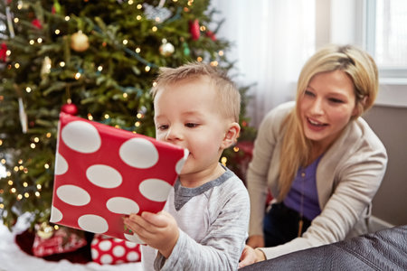Christmas is going to be his favorite holiday. a young mother enjoying Christmas with her little boy.の写真素材