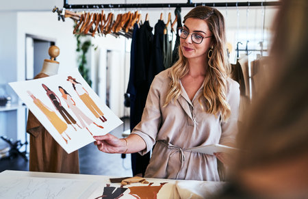 This is what I have in mind for my new collection. a fashion designer looking at sketches.の写真素材