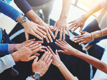 Business staff, hands together and office worker group with support, motivation and solidarity goal....