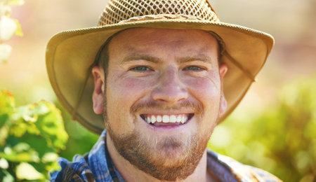 I love the physicality of the work and being outside. a middle-aged farmer posing on a vineyard.の写真素材