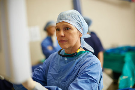 Keeping a close watch over her patients progress. a surgeon looking at a monitor in an operating...