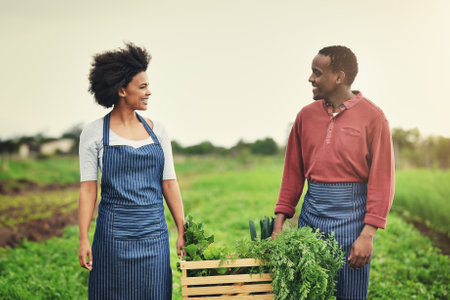 We get to enjoy healthy, tasty food fresh from our garden. a young farm couple carrying a crate of fresh produce.の写真素材