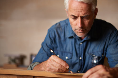 He knows everything there is to know about carpentry. a mature male carpenter working on a project in his workshop.の写真素材
