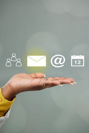 Woman, hands and hologram icons for communication, advertising or marketing on mockup space. Hand of...