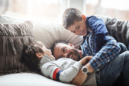 Father, boy children and laughing together, fun and carefree with love, energy and happy at family...