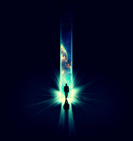 Light, fantasy and man with awareness, enlightenment and overlay with the great beyond, portal route...