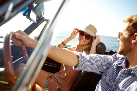 Car road trip, travel and driving couple on bonding holiday adventure, transportation journey or fun...