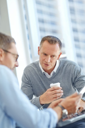 Teamwork, planning and business people with tablet for company growth, talking and financial review....