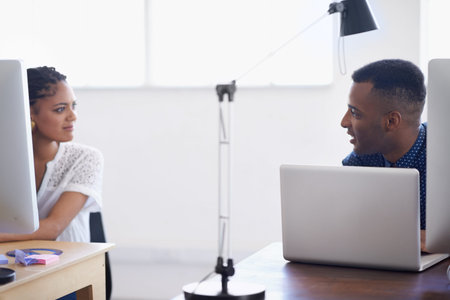 Computer, people or black man talking to woman in startup or research project in digital agency....
