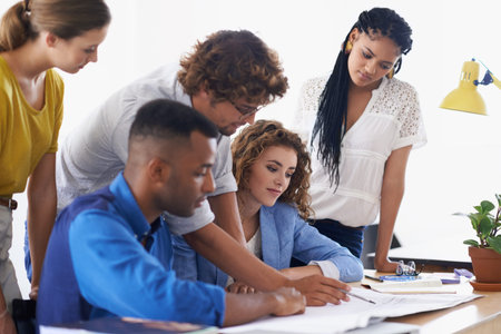 Businessman, coaching and documents in team planning, strategy or collaboration at the office....