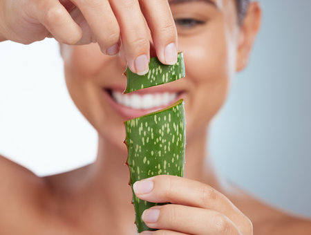 Closeup of smiling beautiful woman holding aloe vera leaf for her skincare routine. Caucasian model isolated against grey studio background and posing. Using organic plants for hydration and moistureの写真素材