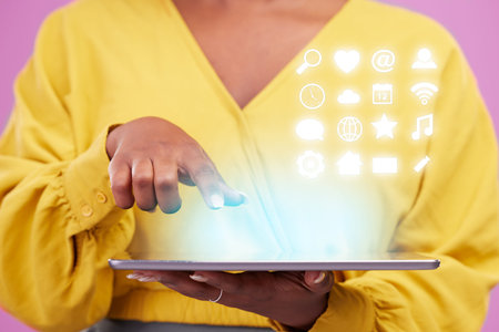Holographic icons, tablet and woman hand isolated on studio background for 3d app, internet and...