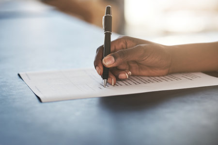 Checklist, tick and hands writing report, agenda or planning administration at work. Receptionist, plan and person with notes on a document for information, project management or working on scheduleの写真素材