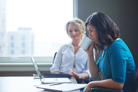 When youre onto something good. two businesswomen having a meeting together in an office.の写真素材