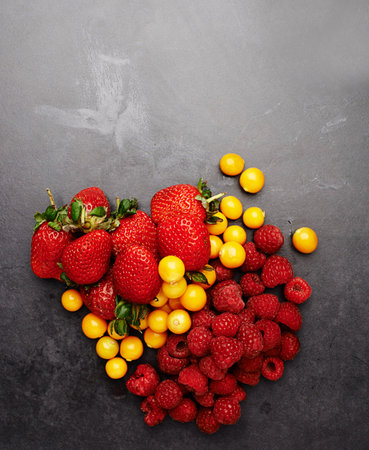 Heavenly berries. Studio shot of an assortment of berries lying on a dark countertop.