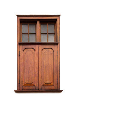 Door, wood and isolated home design in a studio with white background and architecture. Vintage, retro and woodwork of doors and window with frame and glass of shutter with mockup and wooden detailの写真素材