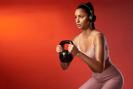 Crushing her workout. Studio shot of a sporty young woman doing kettlebell squats against a red...