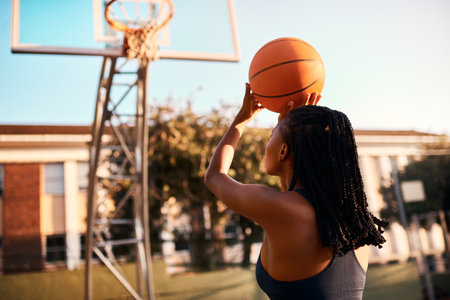 Another one bites the dust. Full length shot of an unrecognizable sportswoman playing basketball alone during the day.の写真素材