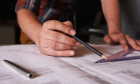 Getting the angle just right. An architect drawing up plans for a house.