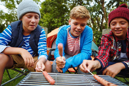 Grill em up boys. a three boys roasting hotdogs on a grill while camping.の写真素材
