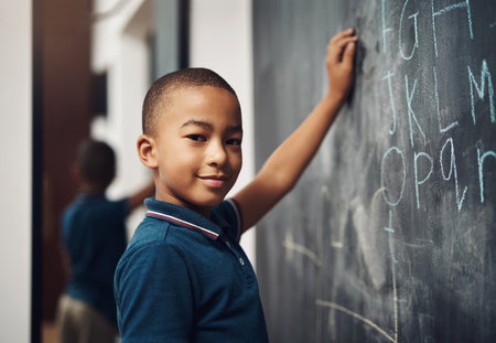 I wrote the alphabet all by myself. a young boy writing on a blackboard at home.の写真素材