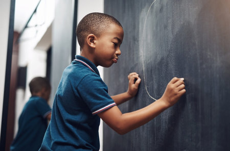 Mom said that this is the only wall I can draw on. a young boy writing on a blackboard at home.
