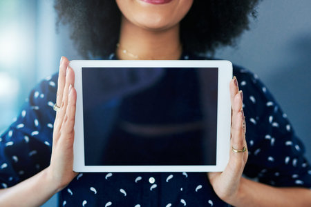Hands, woman and tablet with mockup screen for website, internet and network promotion. Technology,...