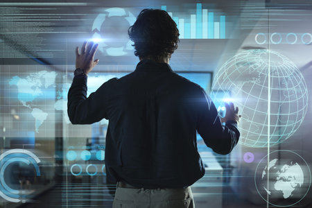 Business man, touchscreen and hologram of information technology, data analytics and global...