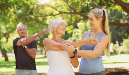 Yoga, workout and an old couple with their personal trainer in a park for a health or active lifestyle. Exercise, wellness or zen and senior people outdoor for fitness class with their pilates coachの写真素材