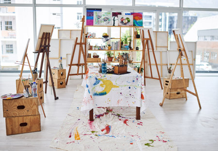 The perfect space to get creative. Still life shot of easels and art supplies in a art studio.の写真素材