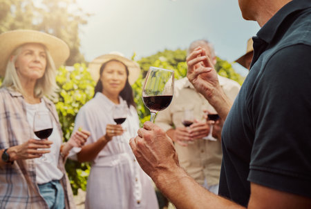 Farmer talking and explaining to diverse group of friends while holding wineglass of red wine on farm. People standing together with alcohol for tasting during summer on vineyard. Weekend wine tastinの写真素材