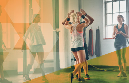 High five, fitness success and people at the gym for goals, motivation and cardio support. Happy, teamwork and friends with celebration, target and excited group after training and achievementの写真素材