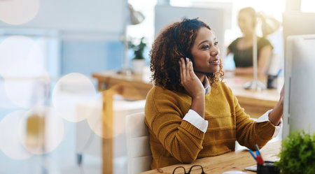 Contact us, crm or happy woman in call center consulting, speaking or talking at customer services. Virtual assistant, friendly or sales consultant in telemarketing or telecom company help deskの写真素材