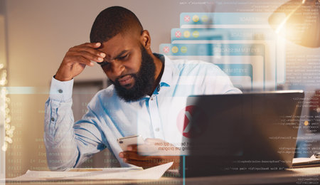 Stress, hologram and black man with phone error with 404 issue, online glitch and network problem. Digital overlay, business and male worker confused for spam notification, cyber security and hackerの写真素材
