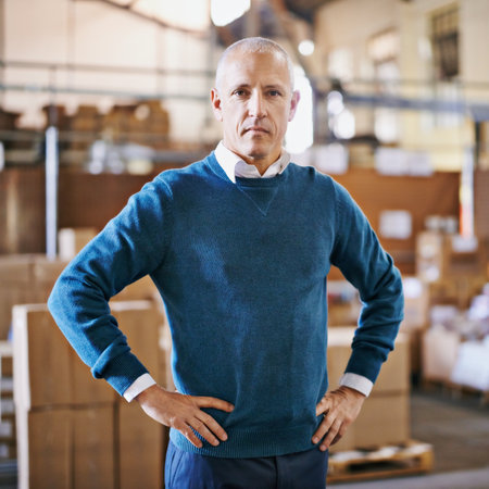 Welcome to my warehouse. Portrait of a mature man standing in a distribution warehouse.の写真素材