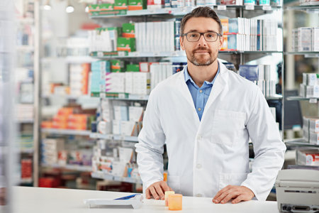 I love to give people a dose of their own medicine. Portrait of a pharmacist working in a drugstore. All products have been altered to be void of copyright infringements.の写真素材