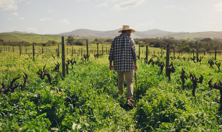 Nature, back of black man farmer and on a farm working with a hat. Agriculture or countryside environment, sustainability and rear view of male person checking plants or vegetables for inspectionの写真素材
