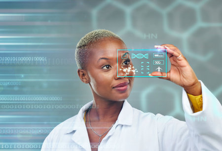 Black woman, doctor and futuristic screen for digital DNA, science or data analytics on overlay. African female person or medical professional in future technology or research for holographic sampleの写真素材