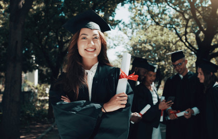 Portrait, education or diploma on graduation, arms crossed or happiness with knowledge, study or...