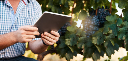 Technology helps him get through his tasks quicker. Closeup shot of a farmer using a digital tablet working in a vineyard.の写真素材